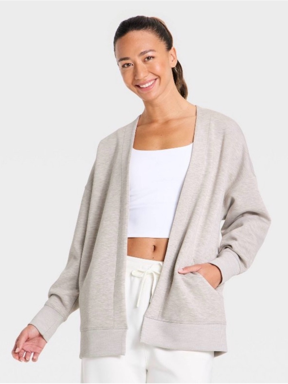 NWT All In Motion Women Airy Sleek Cardigan Sweater XS Taupe/Heather Open Front
